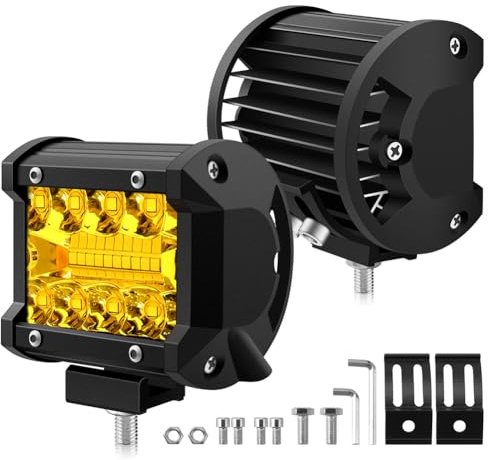 BIHEE Faro da Lavoro 2 pezzi 12V 120W 1200LM Proiettore LED Lampada da Lavoro 10 cm 6000K Luce Gialla Barra LED per Auto Camion Trattore Quad Veicolo Barca
