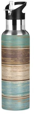 Ksajwzf Farm Wooden Texture Insulated Water Bottle Stainless Steel Kids Sport Thermos Jug with Straw Lid Vintage Wood Water Flask Leakproof Thermos Bottle for Bike Running Walking Outdoor 20 Oz