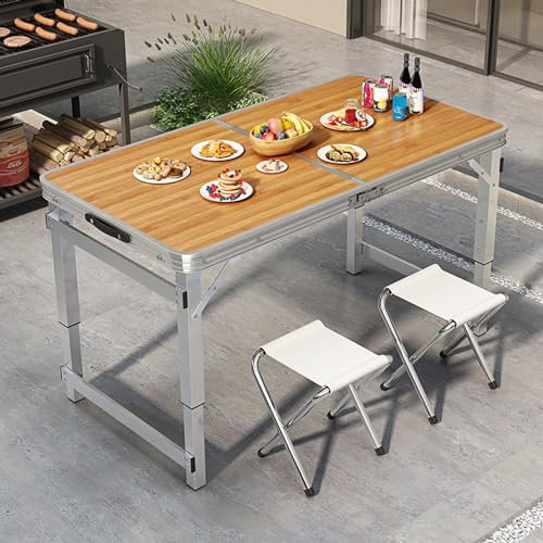 TRUNXUCL Campingtisch Klappbar mit Klapphocker für den Außenbereich, 3 Fach Höhenverstellbarer Campingtische, Tragbarer Klapptisch mit Griff, Ideal für Büros, Schulen, Gärten(Color:Brown)