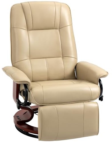 HOMCOM Relaxsessel mit Liegefunktion 360° Drehbar Air-Leder Cremeweiß | Verstellbar Rückenlehne, Fußstütze, Fernsehsessel , Ruhesessel mit Holzfuß, Liegesessel TV-Sessel, Wohnzimmer Schlafzimmer