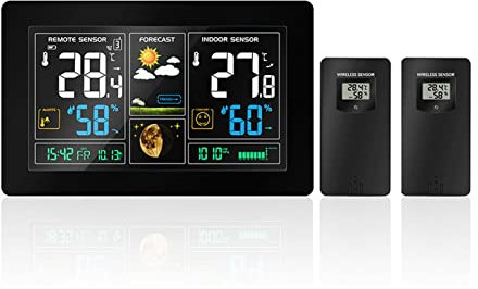 Estación meteorológica inteligente 2 Sensor exterior Estación meteorológica con temperatura inalámbrica Humedad Mostrar pronóstico del tiempo Rcc Despertador despertador colorido LCD Con sensor ultras