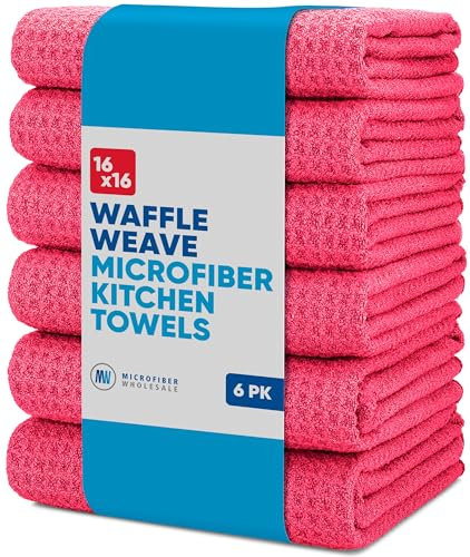 Kitchen Towels - Microfiber Waffle Weave Towels | Red | 16 x 16 in. (6 Pack) | Absorbent, No Lint, Thick, Reusable, Commercial, Soft, Hand, Tea, Glass, Bar, Sublimation Blank, Polyester Cloths
