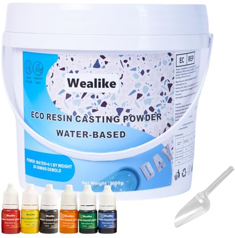 Wealike Eco Resin Ceramic Powder 3000G with 6PCS Pigments, for DIY Craft | Easy Mix,Fast Demold,Water-activated Self-levelling Formula for Home Decor & Handmade Crafts