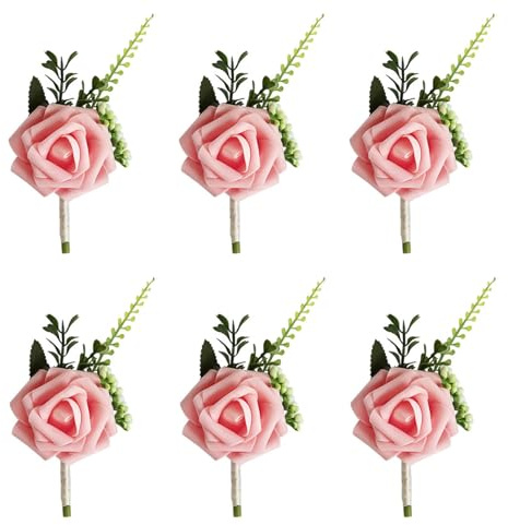 6 Stück Hochzeit Braut Blumen Anstecker, Rose Blumen Anstecker für Hochzeiten und Partys, Brosche für Männer (Rosa)
