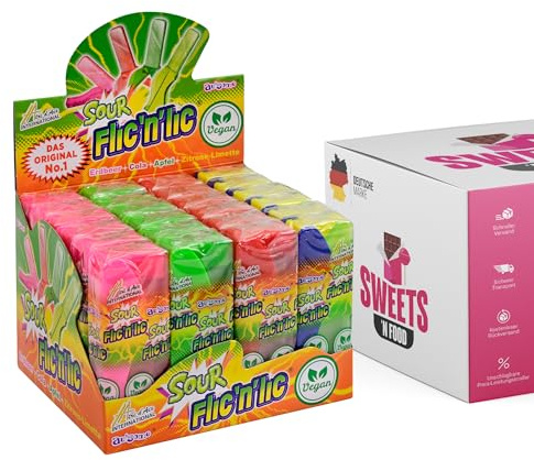 Flick'n Lick Sour – Der Original Klapplutscher, Vegan, Extrem Sauer, Verschiedene Fruchtgeschmäcker, Displaybox mit 24 Lollis – Ideal für Kindergeburtstage, Halloween & Süßigkeiten-Thekendisplay