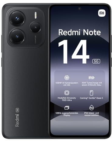 Xiaomi Redmi Note 14 5G - Smartphone de 8+256GB, Pantalla de 6.67 AMOLED FHD+ 120Hz, MediaTek Dimensity 7025-Ultra, cámara de 108MP, 5110 mAh, Cargador no Incluido, Negro (Versión ES)