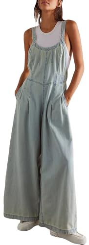 D-Sun Damen-Denim-Overall, weites Bein, Latzhose, verstellbarer Riemen, ärmellos, Jeans-Overall, rückenfrei, elastische Taille, Strampler, Hell, blau, Medium