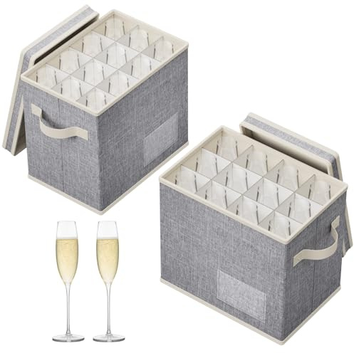 Lifewit 2 Pcs Champagne Flute Storage Box with Dividers, Stackable Cationic Hard Shell Stemware Containers with 24 Cells, Foldable Dustproof China Containers for Moving, Light Grey, 31 x21x28cm