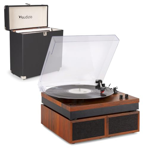 Fenton RP165C Modern Record Player with Speaker Set, Vinyl Case, Bluetooth, Cherry Wood, 100W Amplifier, 3-Speed Settings, Wireless Music Streaming