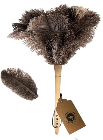 Plumero de plumas, plumero para limpiar Ddzmz Plumas de Ostrich Natural Genuine con mango de madera Reusable Handheld Ostrich Plumero Cleaning Supplies, gris y marrón (longitud 16)