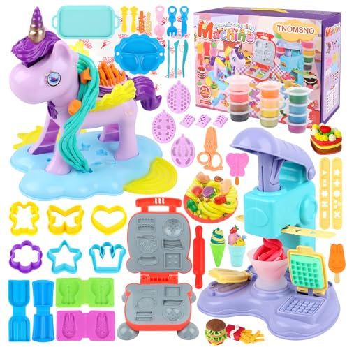 TNOMSNO Knete Zubehör Kitchen Creations, 59 Stück Knete Zubehör mit 12 Dosen Knetmasse, DIY 3 in 1 Knete Set mit Knete Eismaschine Hamburgermaschine