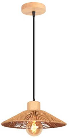 LIGKIN Lampadario Industriale Vintage E27 Lampada a Sospensione Ø30 cm Creativo Cappello Paralume in Metallo e Corda E27 Lampada Da Soffitto Legno Retrò per Sala da pranzo Camera da letto Soggiorno