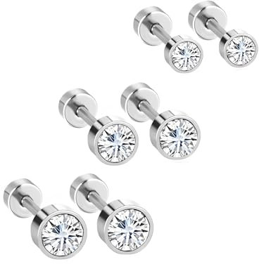 18G Surgical Steel Round CZ Cubic Zirconia Stud Earrings Set for Women Men | 3 Pairs 3-5mm Hypoallergenic Cartilage Jewellery | Flat Back Screw Lock for Tragus, Helix & Barbell Piercings (Silver)