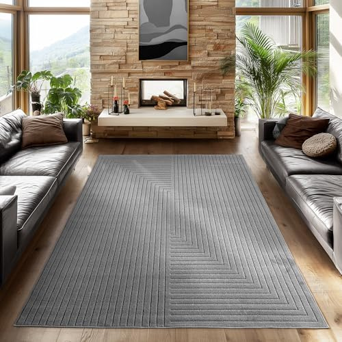 SIMPEX Kurzflor Teppich 120x170 cm Grau Wohnzimmer, Schlafzimmer, Küche, 3D Hoch-Tief-Effekt, Skandinavisch Boho Motiv, für Outdoor Bereich geeignet Terrassen oder im Balkon