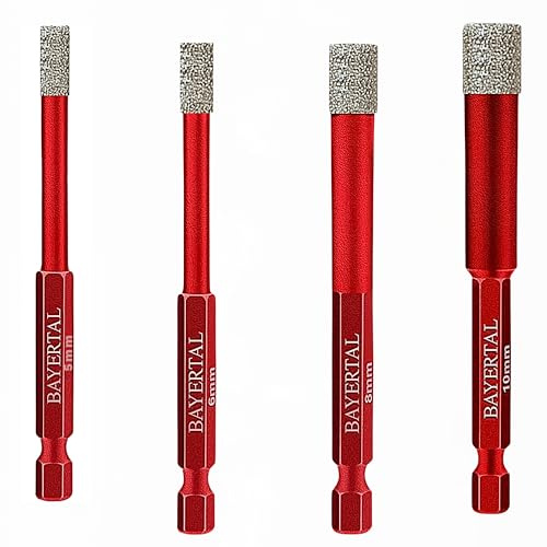 BAYERTAL® Set di punte per piastrelle 4 pezzi Ø 5, 6, 8, 10 mm esagonale E6.3 – Punte diamantate per piastrelle dure e gres porcellanato – Qualità industriale esclusiva per risultati professionali