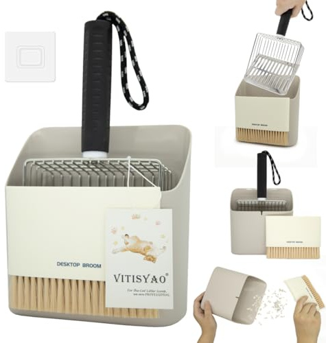 Vitisyao Paletta per lettiera per gatti in acciaio inox, paletta in metallo con supporto, paletta portatile e piccola spazzola per la pulizia, paletta resistente con griglia grossa e fine, per tutte