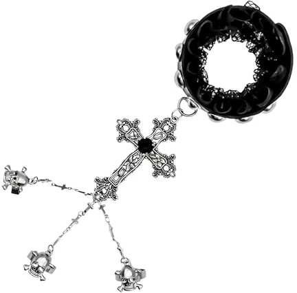 Bracelet avec chaîne de main en forme de croix, bracelet manchette en cuir réglable avec anneaux en forme de tête de mort, bijoux gothiques pour cosplay, festival et bijoux fantaisie, bracelet noir
