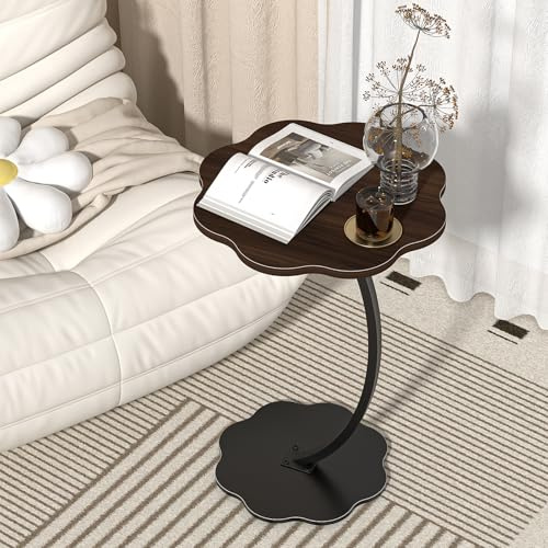 DAYONE Flower Shape Side Table, Plant Stand & Coffee Table End Table, Walnut Wood Effect Top & Strong Carbon Steel Frame, Bedside, Sofa Side for Living Room, Bedroom, Balcony, Home Office