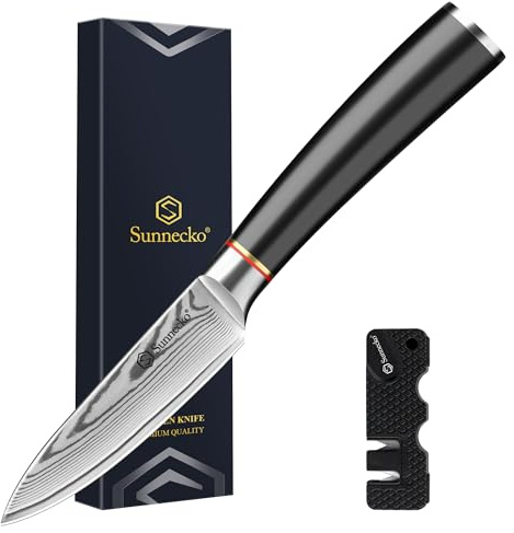 Sunnecko Damascus Paring Knife 3.5 Inch Fruit Knife with Sharpener | Japanese VG10 Steel Core Peeling Knife, Professional Razor Sharp Small Kitchen Knives