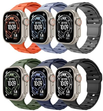 TiMOVO 6 Pièces Sport Bracelet Compatibles avec Apple Watch Ultra 3/2/1 49 mm 46 mm 45 mm 44 mm 42 mm, Bracelet Silicone pour iWatch Series 11 10 9 8 7 6 5 4 3 2 1 SE 3 SE 2 pour Hommes Femmes