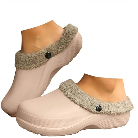 Xbemkste Zuecos forrados para mujer y hombre, invierno, cálidos, zuecos de jardín impermeables con pelo de peluche, zapatos de jardín, cómodos, antideslizantes, para exteriores, caqui, 40 EU