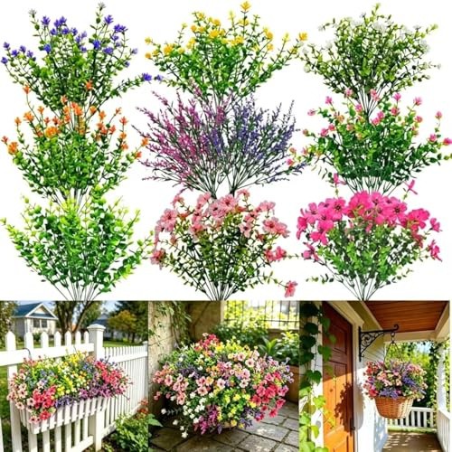 Vndnsy 22 paquetes de flores artificiales resistentes a los rayos UV, sin mantenimiento, flores falsas con arbustos sintéticos de plástico para exteriores, interiores, macetas, porche, ventana, patio