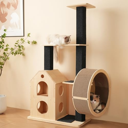 LULUWA Árbol para gatos de madera maciza con rueda de 80 × 40 × 152 cm, rascador con 4 plataformas, 2 casas para gatos, postes de sisal y alfombrillas lavables, rueda para gatos