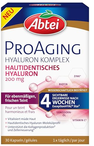 ABTEI ProAging Hyaluron Komplex – Hyaluronsäure Kapseln – 200 mg hautidentisches Hyaluron, Sanddorn-Öl, Vitamin C & Biotin – bei sichtbaren Zeichen von Hautalterung – vegan, glutenfrei – 30 Kapseln