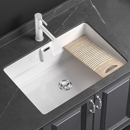 Lavandino Bagno in Ceramica Sottotop, Lavabo Bagno Lavatoio Lavanderia con Asse da Lavaggio Staccabile e Rubinetto Estraibile, per Bagni e Balconi(70x45cm/27.5x17.7in)
