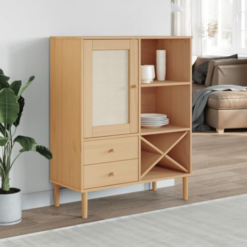 IBUQDDV Solid Pine Wood Highboard Cabinet with Rattan Look, 35.4 x 15.7 x 44.1 Inches, Brown Finish for Living Room or Dining Area Storage, Durable Furniture Piece with Ample Space