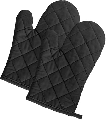 Oven Baking Gloves 1 Pair Heat Resistant Cotton Kitchen Mitts, Microwave Hand Gloves for Grilling Cooking Baking, High Temperature Protection with Hanging Loop (Black)