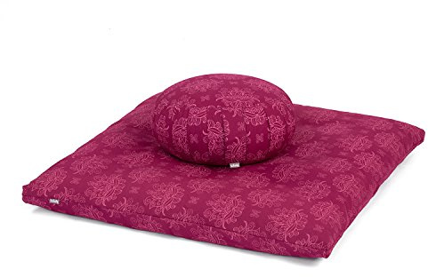 Bodhi Set de méditation | Collection Maharaja | Tapis de méditation (Zabuton) & Coussin de méditation Zafu avec garnissage d'épeautre | Housse en coton | Support pour la méditation (Lotus/Berry)