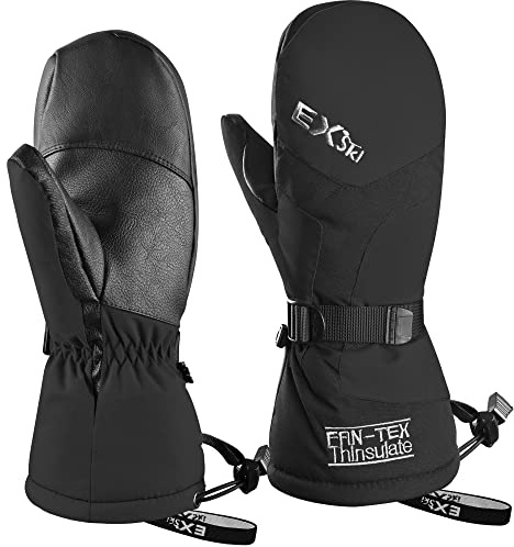 EXski Ski Mittens for Men, Waterproof Warm 3M Thinsulate Winter Snowboard Mitts with Wrist Leashes