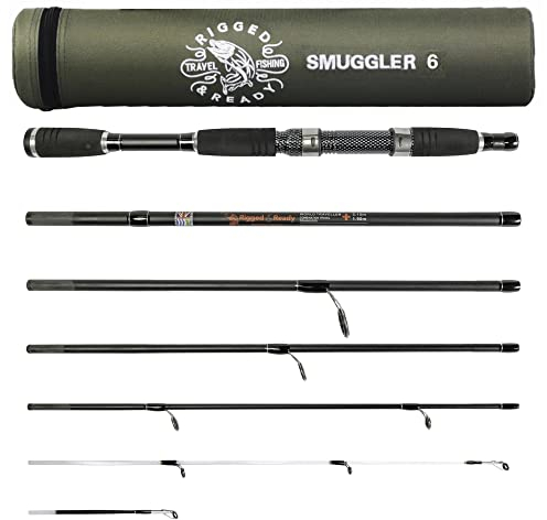 Rigged and Ready Smuggler 6 Reise-Angelrute und Koffer. Kompakte Rute mittlerer Länge von 7.3‘ (215 cm) mit 2 Spitzen zum Spinn- und allgemeinen Angeln. Für Fische bis 10 Pfund (5 kg)