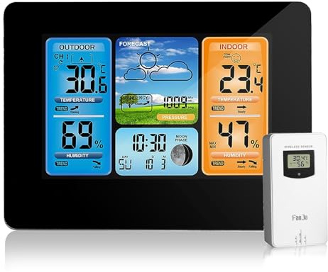 ALLOMN Wireless Weather Station with Color High Definition Display Indoor Outdoor Digital Thermometer Home Alarm Clock with Temperature Humidity Barometer Alarm Moon Phrase (Black)