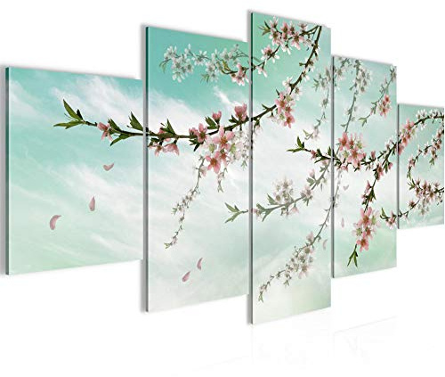 Runa Art Fleurs Sakura Tableau Murale Impression sur Toile Intissee 5 Parties Motifs Japonais Fleur De Cerisier Chambre Salle 020053b