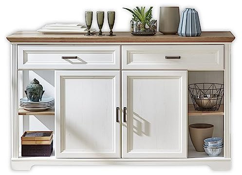 JASMIN Sideboard Kommode Pinie hell Artisan Eiche Optik Landhausstil | 171 x 102 x 48 cm (B/H/T), 2 Schubladen, Türen, offene Fächer, viel Stauraum, Ablagefläche, Wohnbereich, Landhaus