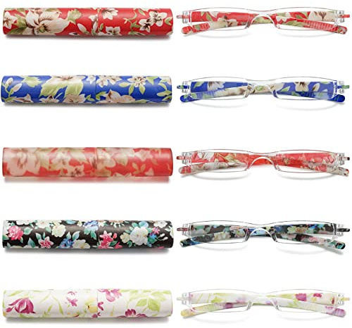 VEVESMUNDO Lesebrillen Damen Herren Kompakte Tragbare Mini Klein Schmal Modern Leichte Randlos Sehhilfe Lesehilfen Klare Arbeit Brillen Blumen Gitter mit Etui