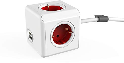 Power-Würfel Extended DuoUSB DE, Steckdosenwürfel mit 4 Steckdosen und 2 USB Ports, Schreibtisch Montage-Kit und 1,5m Kabel, rot-weiß