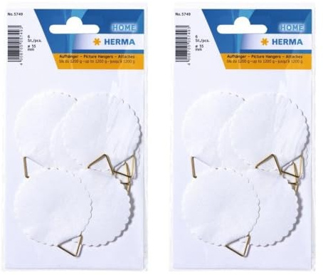 HERMA 5749 Bildaufhänger zum kleben, groß (Ø 55 mm, Papier mit Leinenstruktur) selbstklebend, wasserlöslich gummiert, Tragkraft 1.200 g, weiß (12 Haken - Ø 55 mm) | zum Kleben, groß, Papier mit Leinenstruktur, selbstklebend, wasserlöslich gummiert, Tragkraft 1200g