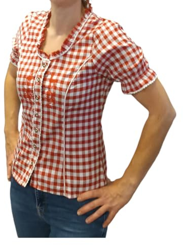 Damen Bluse Trachtenbluse Dirndlbluse T-Shirt Bluse Rot Kariert mit Stickerei - 314 (58)