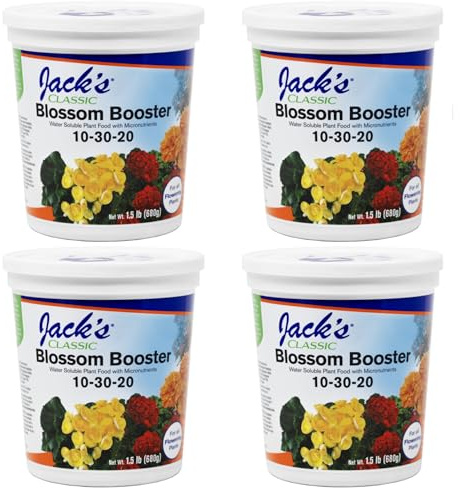 Jack's Classic 10-30-20 Blossom Booster Water-Soluble Fertilizer with Micronutrients for Increasing Color and Quantity of Blooms in Flowering Plants, 1.5lbs, 4 Pack