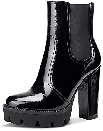 NobleOnly Donna Plateau Chelsea Stivali Cerniera Polacchine Tacco a Blocco 12CM High Heels Boots Nero Pelle Verniciata Scarpe EU38