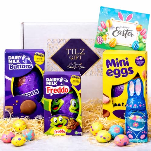 Easter Eggs Chocolate - Easter Eggs Bundle, Easter Hamper Gifts For Kids And Adults, Chocolate Hamper Bundle With Buttons, Freddo, Mini Eggs and Easter Eggs & Bunny Hunt Pack, Tilz Card In Gift Box