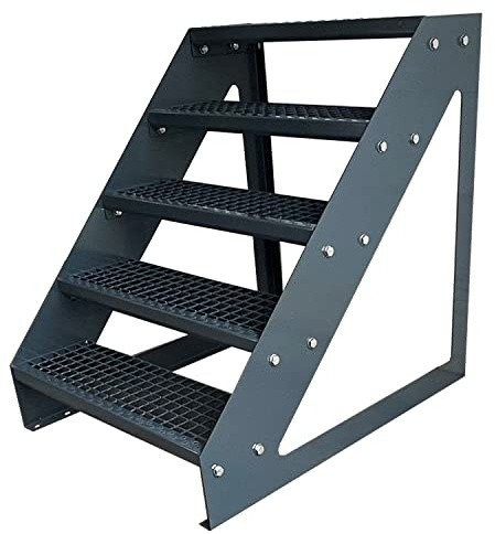 Kaminbau Mierzwa Premium Stahl Treppe Freistehend Verzinkt & komplett Anthrazit Pulverbeschichtet 5 Stufen (Breite 80 cm) (Höhe 95 cm) Wetterfest Gitterroststufe Gartentreppe