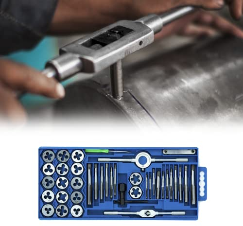 Froadp 40 tlg Gewindeschneidsatz und Schneideisensatz aus Wolframstahl Hohe Präzision Gewindeschneider Werkzeugkasten mit Gewindebohrer, Vorschneider, Fertigschneider und Schneideisen set (40 tlg)