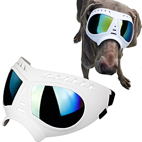 PJDDP Hunde Sonnenbrille Hundebrille UV Wasserdicht Winddicht Einstellbar Hundeschutzbrille Augenschutz Für Kleine/Mittelgroße/Große Hunde,Weiß,M
