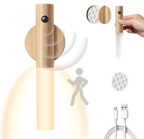 Applique Murale en Bois Rechargeable USB avec Interrupteur, Applique murale d'intérieur à batterie sans fil avec détecteur de mouvement, Lampe Murale LED à Piles Lampe de Chevet Magnétique Blanc Chaud