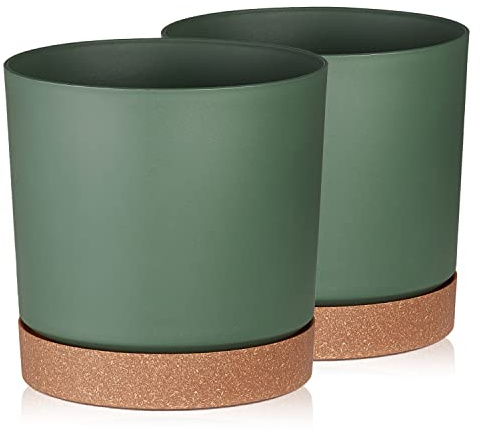 Tymar Blomkruka med underlägg, 2-pack, dekorativ växtkruka av plast, modern, rund form, för inomhusbruk (ø 24 cm, (2 pack) KOR grön)