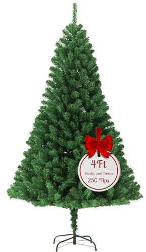 EVRE 4FT Realistic Artificial Christmas Tree 250 PVC Tips Pine Branches Metal Stand Easy Assembly Bushy Premium Fir Christmas Tree 4FT 120cm Green Small Xmas Tree Indoor Outdoor Holiday Decorations